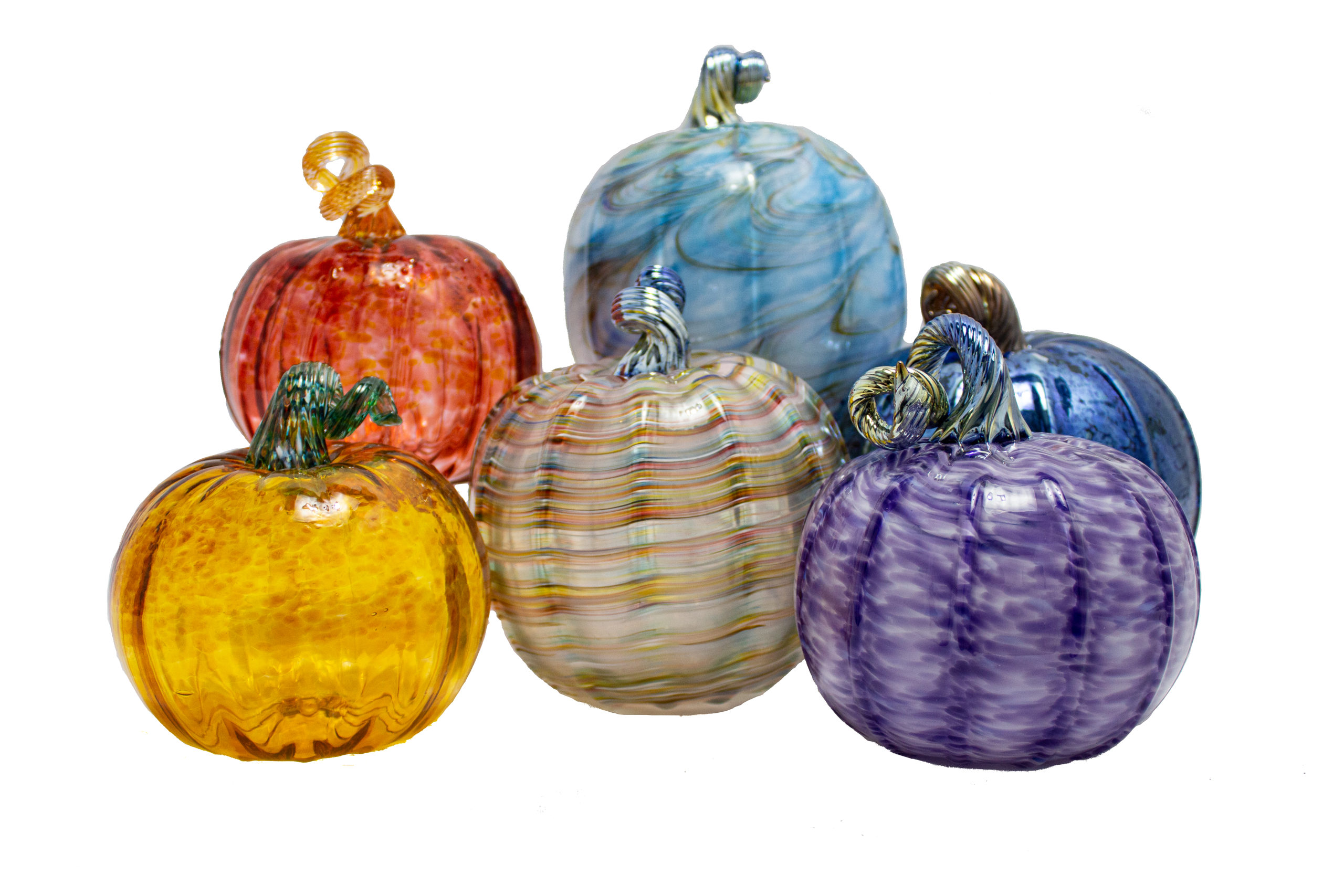 Six glass-blown pumpkins of various sizes and shapes.