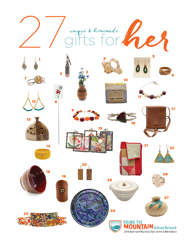 a collection of 27 items handcrafted by artisans that could be gifts for women including jewelry, pottery, baskets, handbags, vases, and quilts