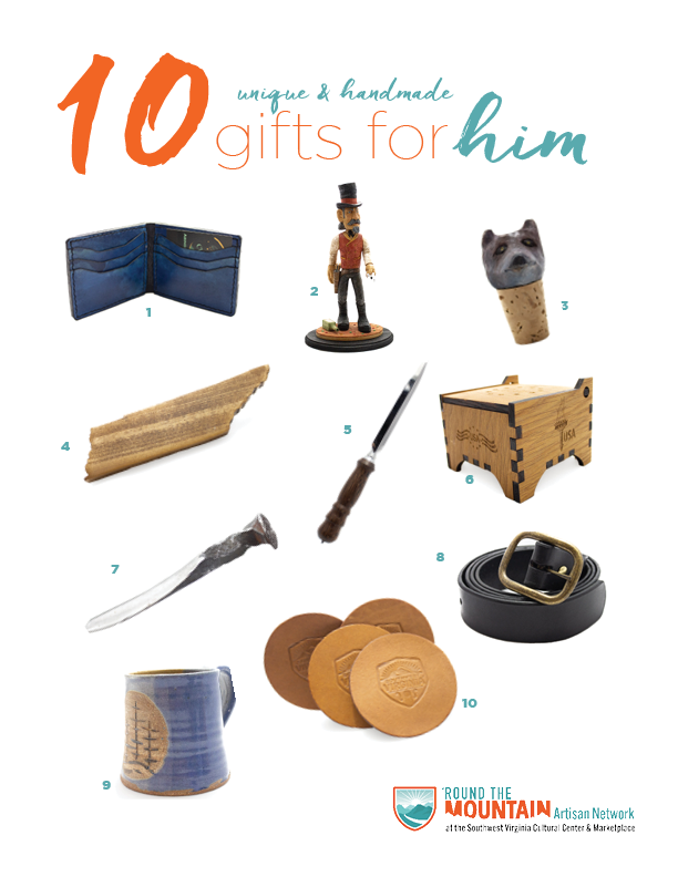 A gift guide for men including a wallet, gambler statue, wine cork, bottle opener, letter opener, patriotic box, railroad knife, mug, coasters, and belt.