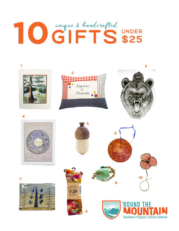 Gift guide for items from 'Round the Mountain Artisan members under $25.