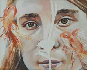 painting of a girl with a line down her face and two fish covering each side