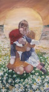 a painting of a girl hugging a Raggedy Ann doll in front of a bright background