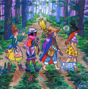 four colorful women characters walking in a colorful set of woods