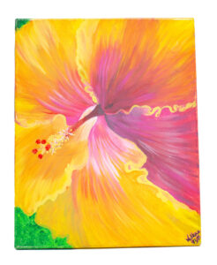 A bright, colorful photo of a hibiscus flower that Kandee Wallace painted.